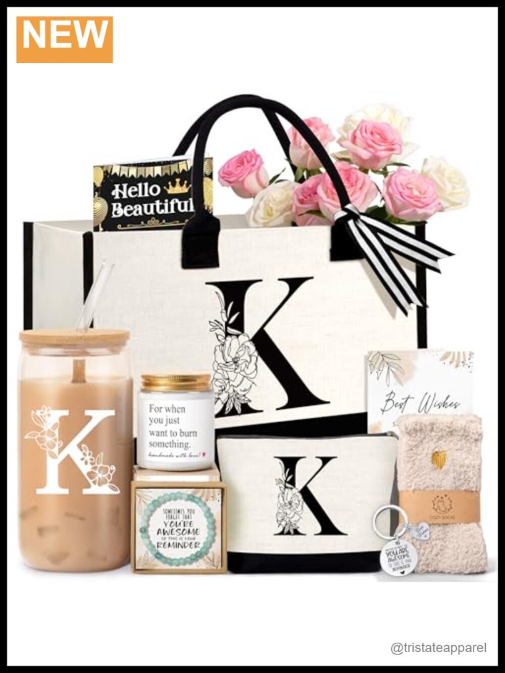 Monogrammed Tote Bag Gift Set w/ Cosmetic Bag, Glass Cup, Keychain, Candle,